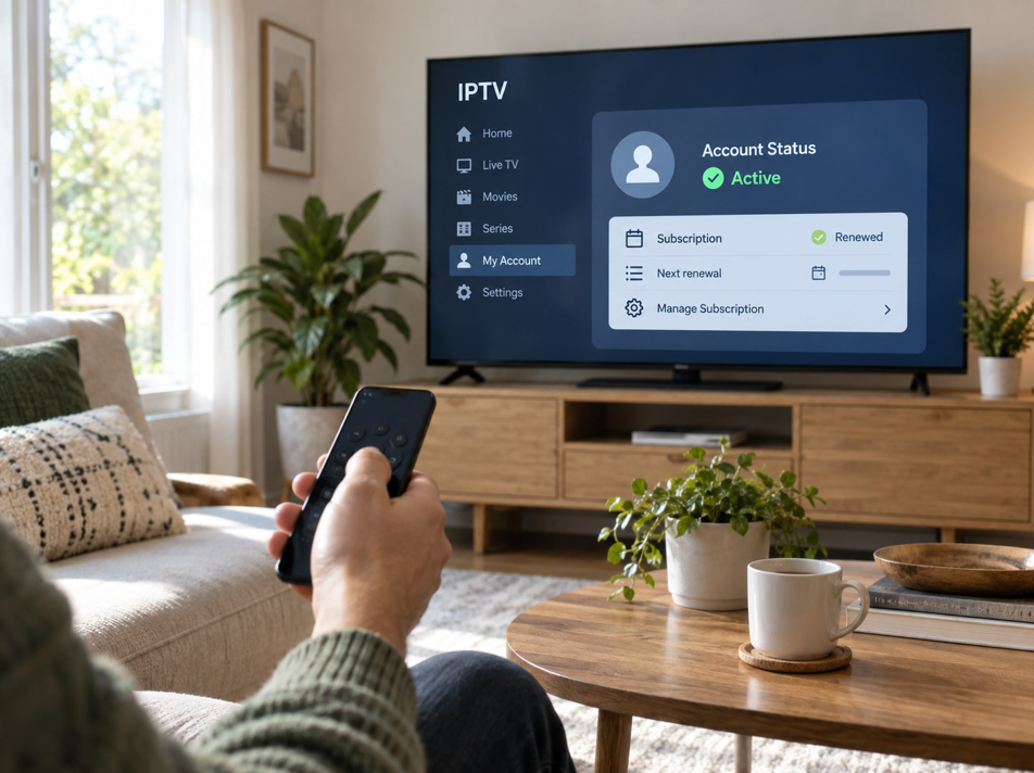 Abonnement Diablo IPTV actif affiché sur une interface TV dans un salon chaleureux