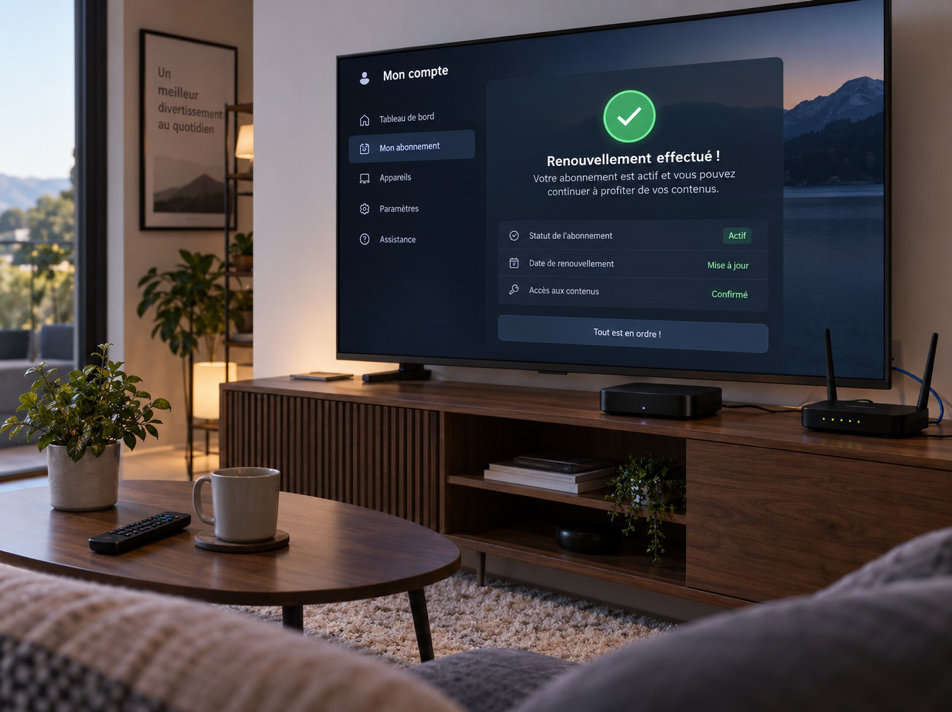 Confirmation du renouvellement Diablo IPTV sur écran TV dans un salon cosy