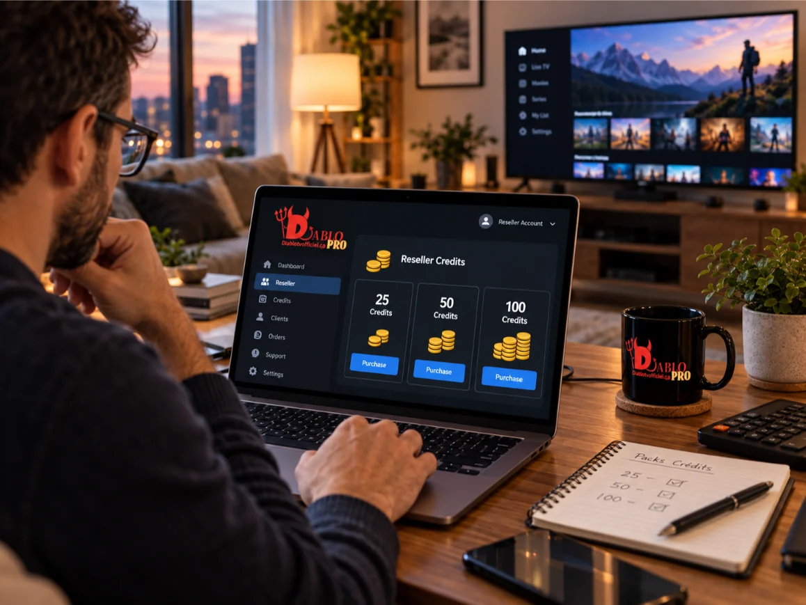 crédits revendeur Diablo IPTV au Québec avec comparaison des packs 25 50 et 100 crédits sur ordinateur portable
