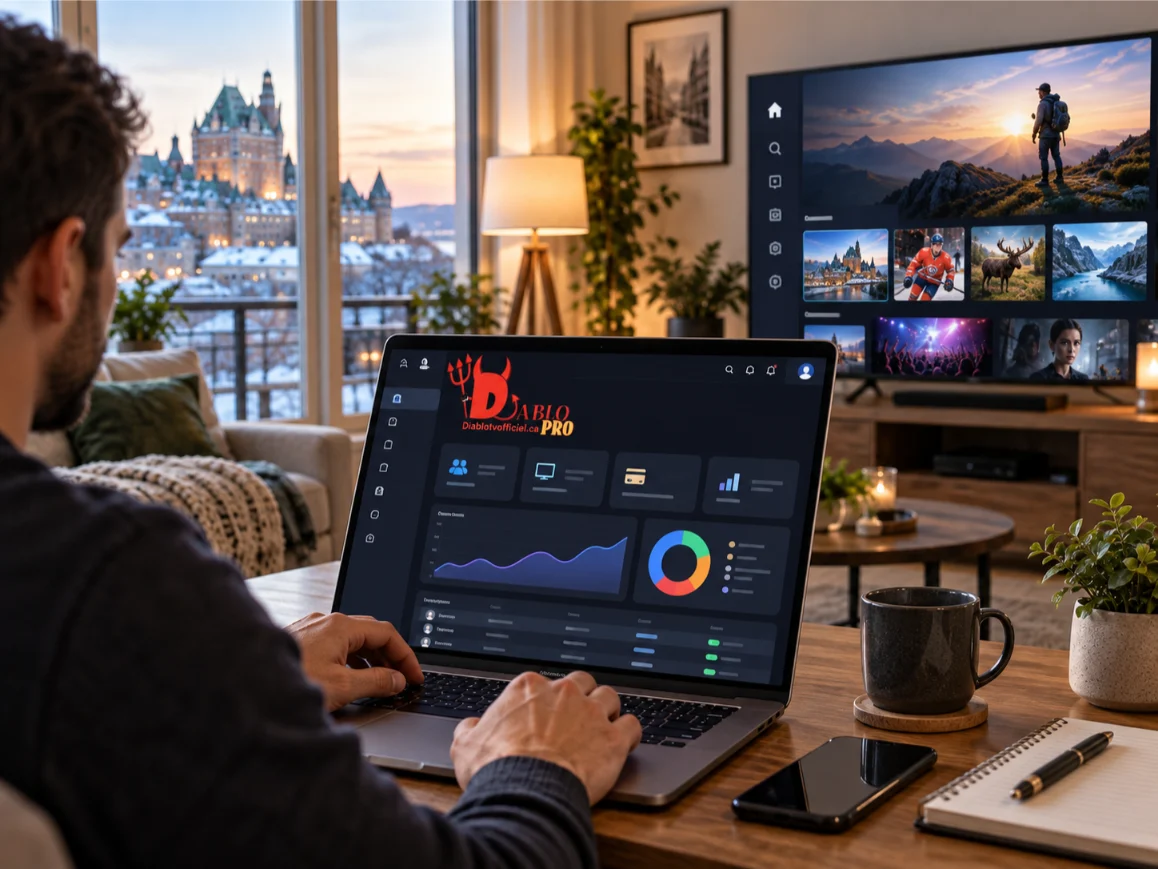 Devenir revendeur Diablo IPTV au Québec : professionnel gérant ses abonnements sur ordinateur portable
