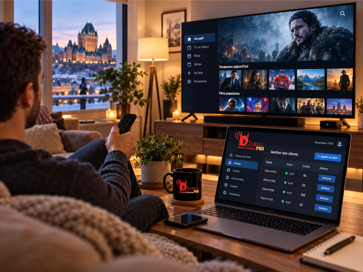 Gestion des clients et des crédits revendeur Diablo IPTV depuis un ordinateur portable dans un salon québécois